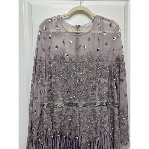 Mac Duggal Size 20 Purple 93633 Long Sleeve Sequin Beaded Midi Cocktail Dress - Picture 5 of 14